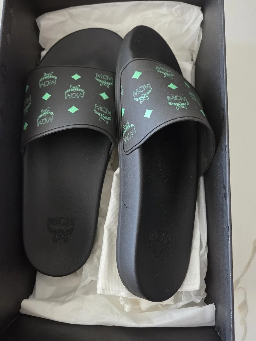 MCM Black Slide Sandals with Green Logo Print